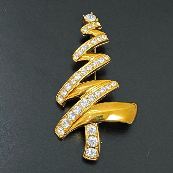 Vintage MONET Signed Gold-tone Clear Rhinestones Zigzag Tree Brooch 18g. - Picture 3 of 12